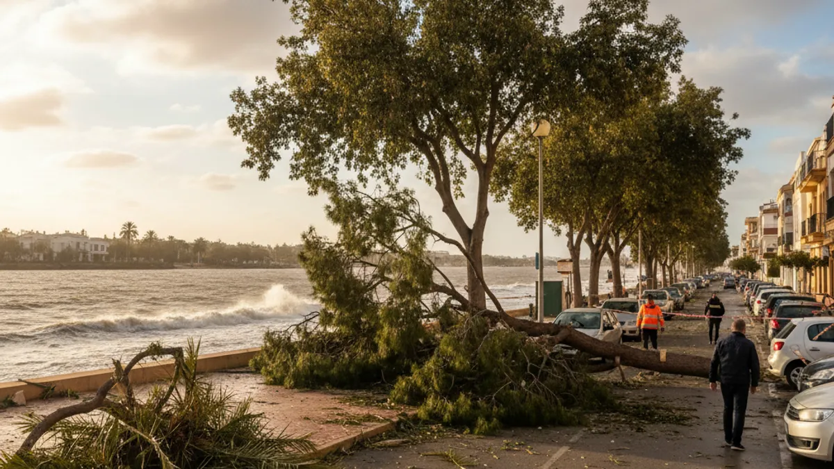 La borrasca Leonardo golpea El Puerto: árboles caídos en Valdelagrana y el Guadalete bajo vigilancia